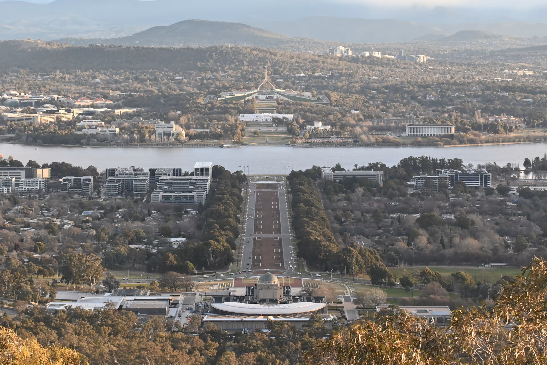 Canberra cityscape with Lake Burley Griffin and Parliament House