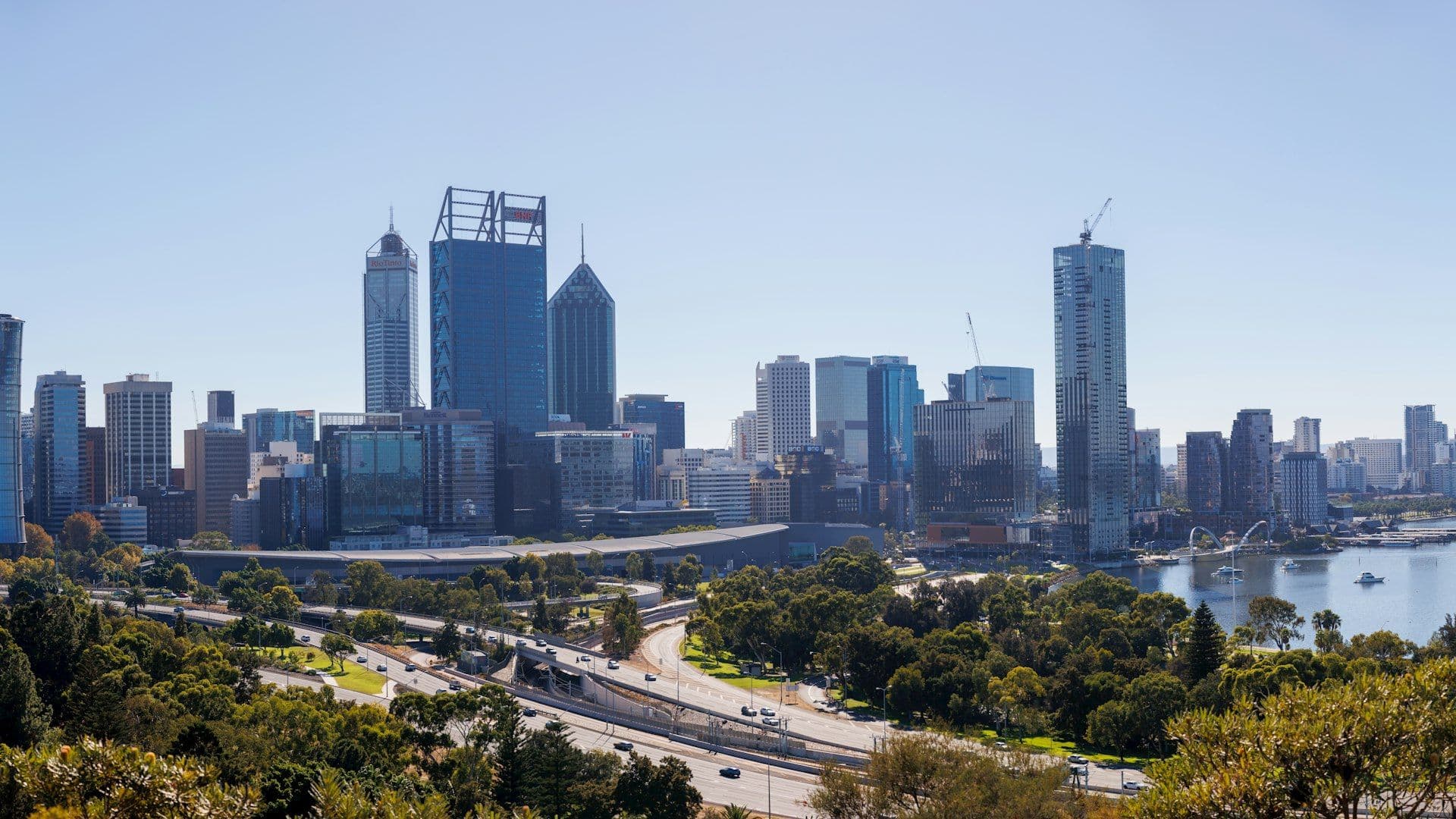 Sunny day in Perth's Kings Park with a view of the city